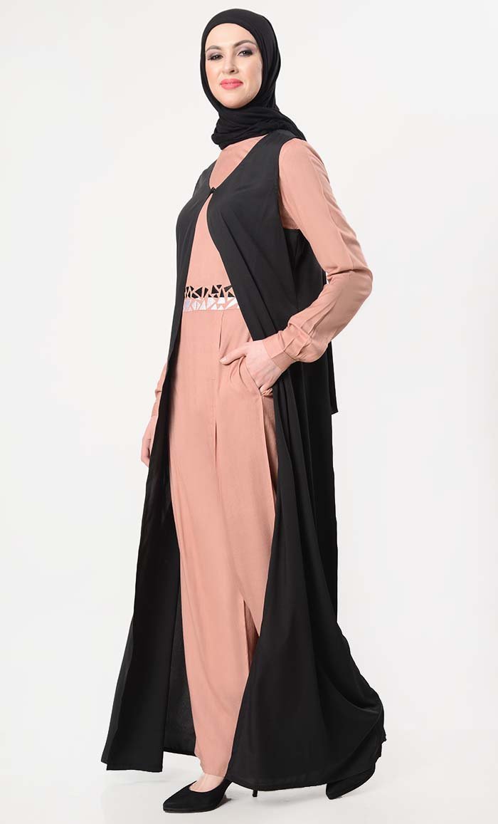 Geometric Embroidered Jumpsuit With Shrug - Burlwood - EastEssence.com