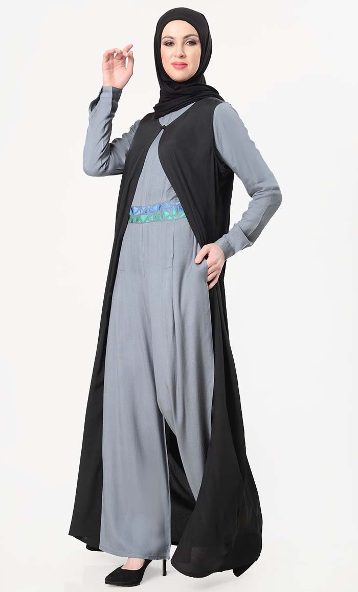 Geometric Embroidered Jumpsuit With Shrug - Grey - EastEssence.com