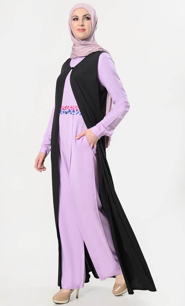 Geometric Embroidered Jumpsuit With Shrug - Lavender - EastEssence.com