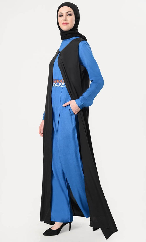 Geometric Embroidered Jumpsuit With Shrug - Zara Blue - EastEssence.com