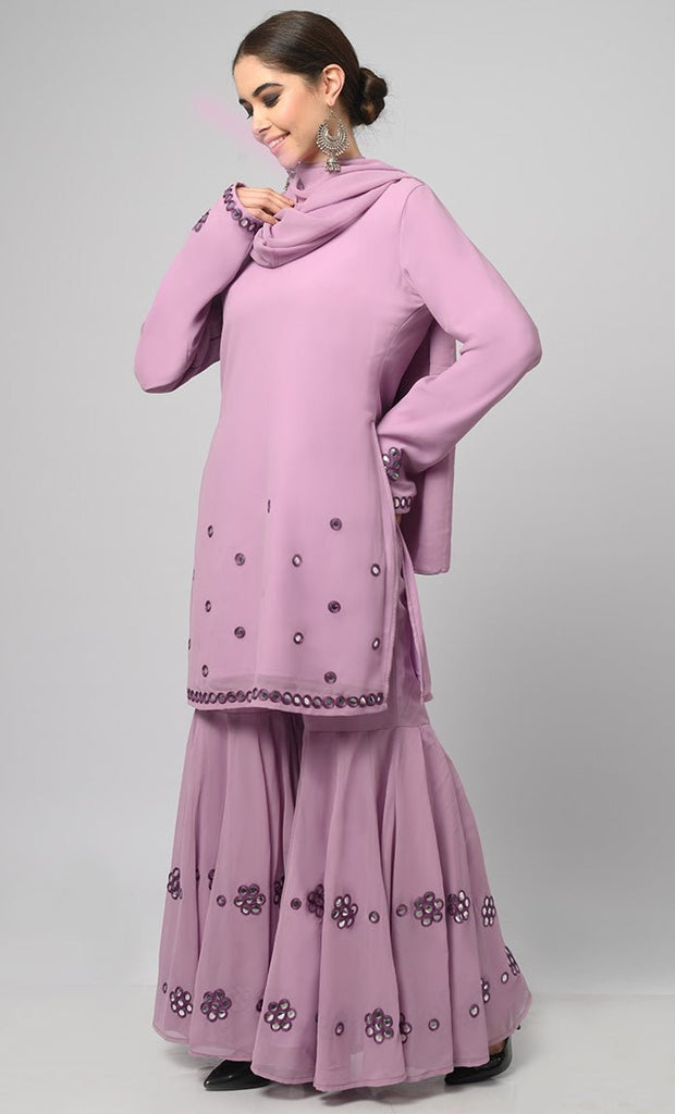 Georgette Muslim Lavender Designer Flared Palazzo Kurta Set With Duppata - EastEssence.com