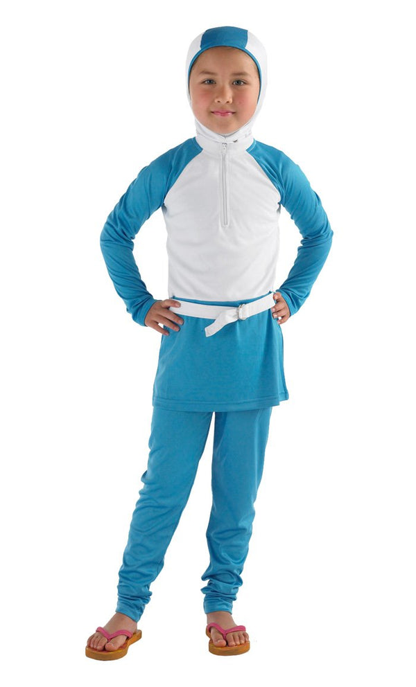 Girl Blue and white Swimwear set with belt - EastEssence.com