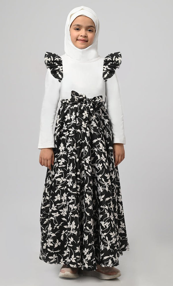 Girl Modest Muslim Floral Printed Abaya - EastEssence.com