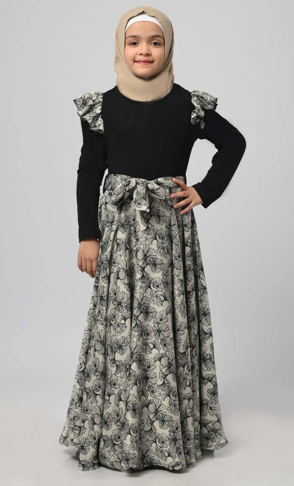 Girl Modest Muslim Floral Printed Abaya With Loose Belt - EastEssence.com