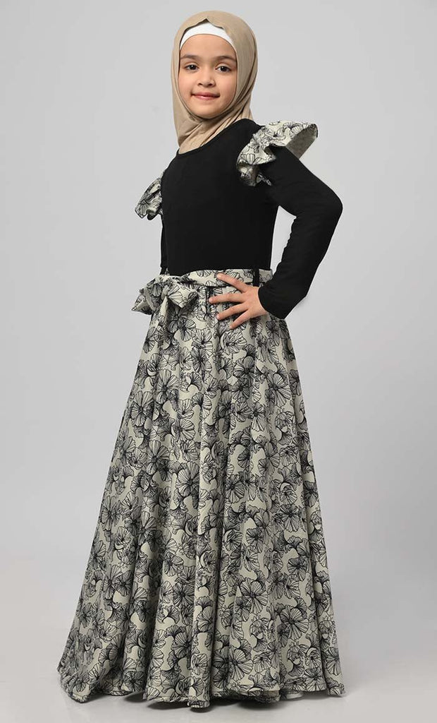 Girl Modest Muslim Floral Printed Abaya With Loose Belt - EastEssence.com