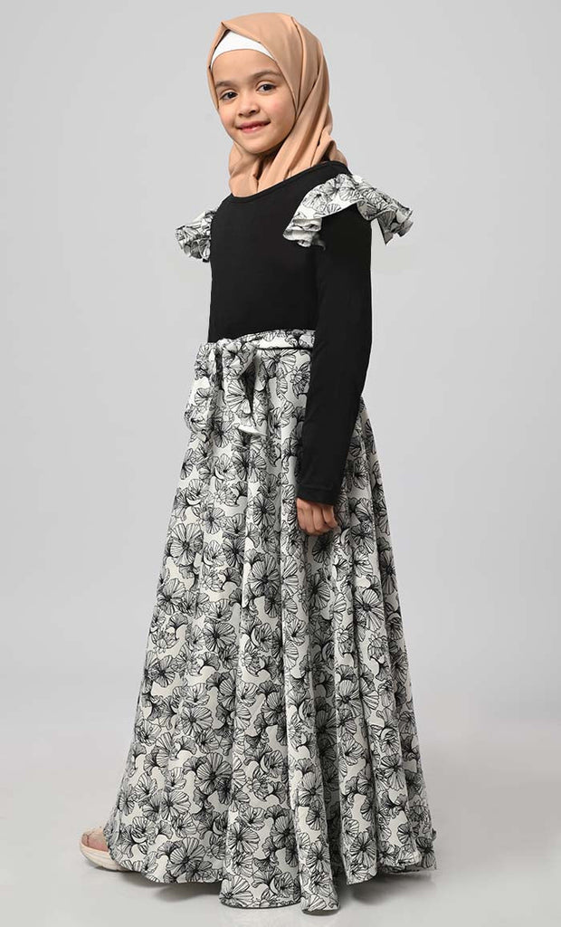 Girl Modest Muslim White & Black Floral Printed Abaya - EastEssence.com