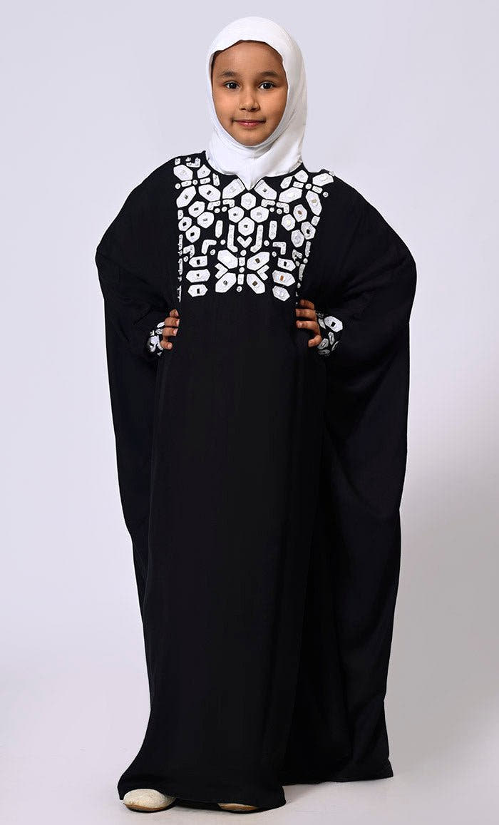 Girls Black Kaftan Abaya with Mirror Work Embroidery & Inside Belt