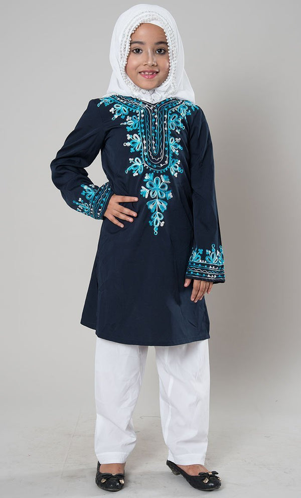 Girls Blue Embroidered Shalwar Kameez - EastEssence.com
