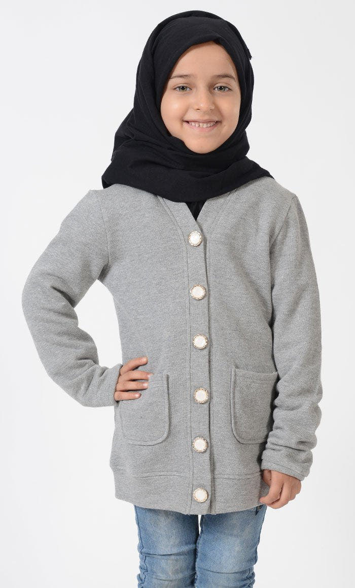 Girls Grey Button Accent Cardigan