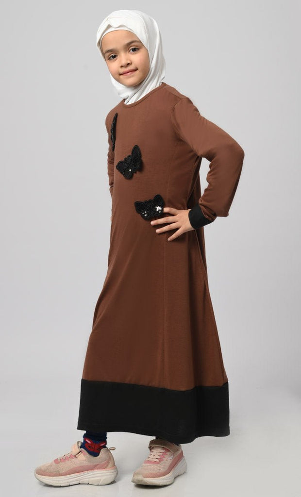Girl'S Modest Muslim Brown Everyday Wear Abaya - EastEssence.com