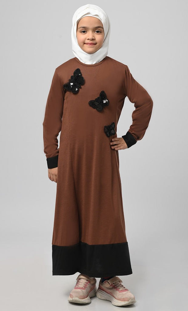 Girl'S Modest Muslim Brown Everyday Wear Abaya - EastEssence.com