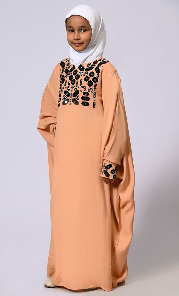 Girls Sand Kaftan Abaya with Mirror Work Embroidery and Inside Belt - EastEssence.com