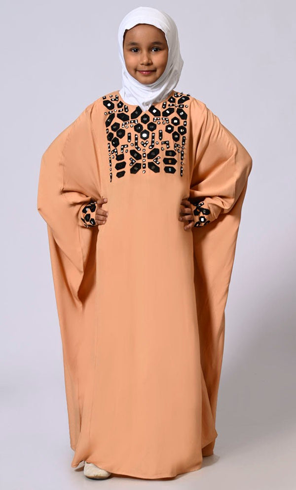 Girls Sand Kaftan Abaya with Mirror Work Embroidery and Inside Belt - EastEssence.com