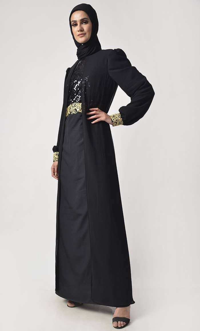 Gleaming Sequin Detail Abaya With Embroidery
