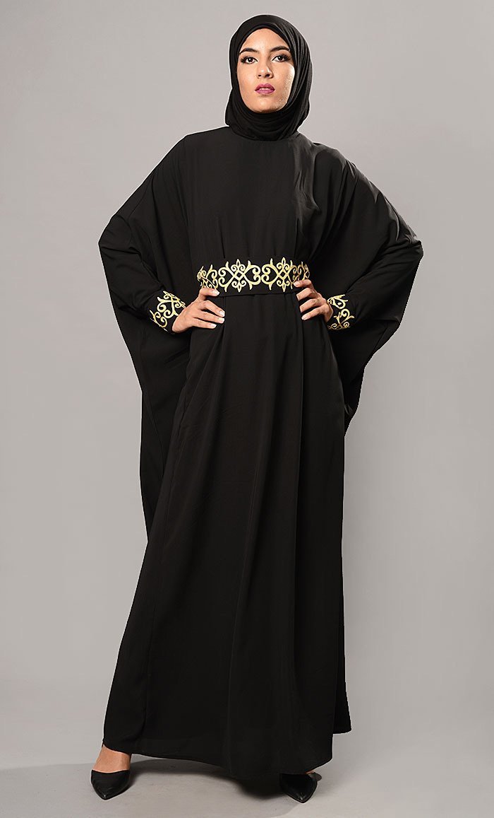 Gold Brocade Detail Kaftan Style Abaya Dress - EastEssence.com