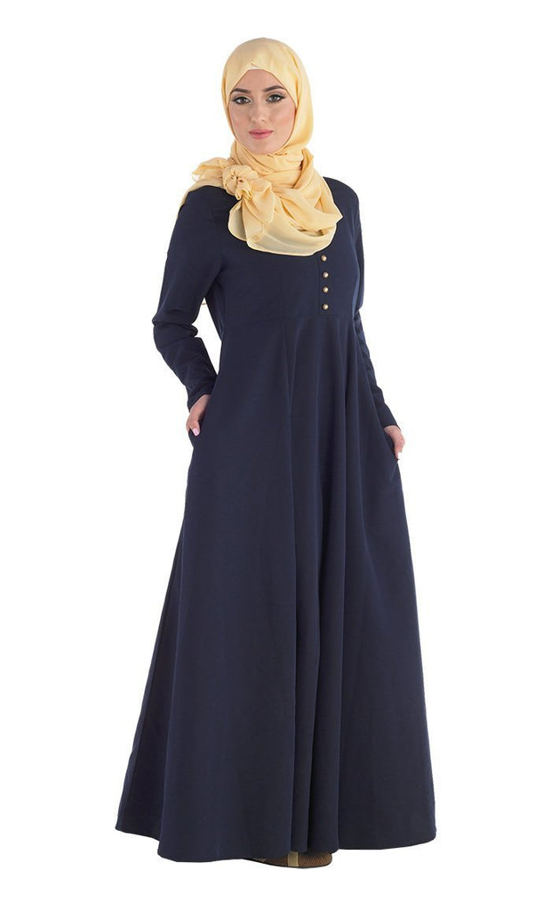 Gold Buttons Detail Fit And Flared Abaya Dress - EastEssence.com
