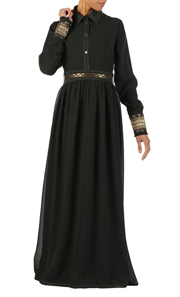 Golden applique work shirt style abaya dress - EastEssence.com
