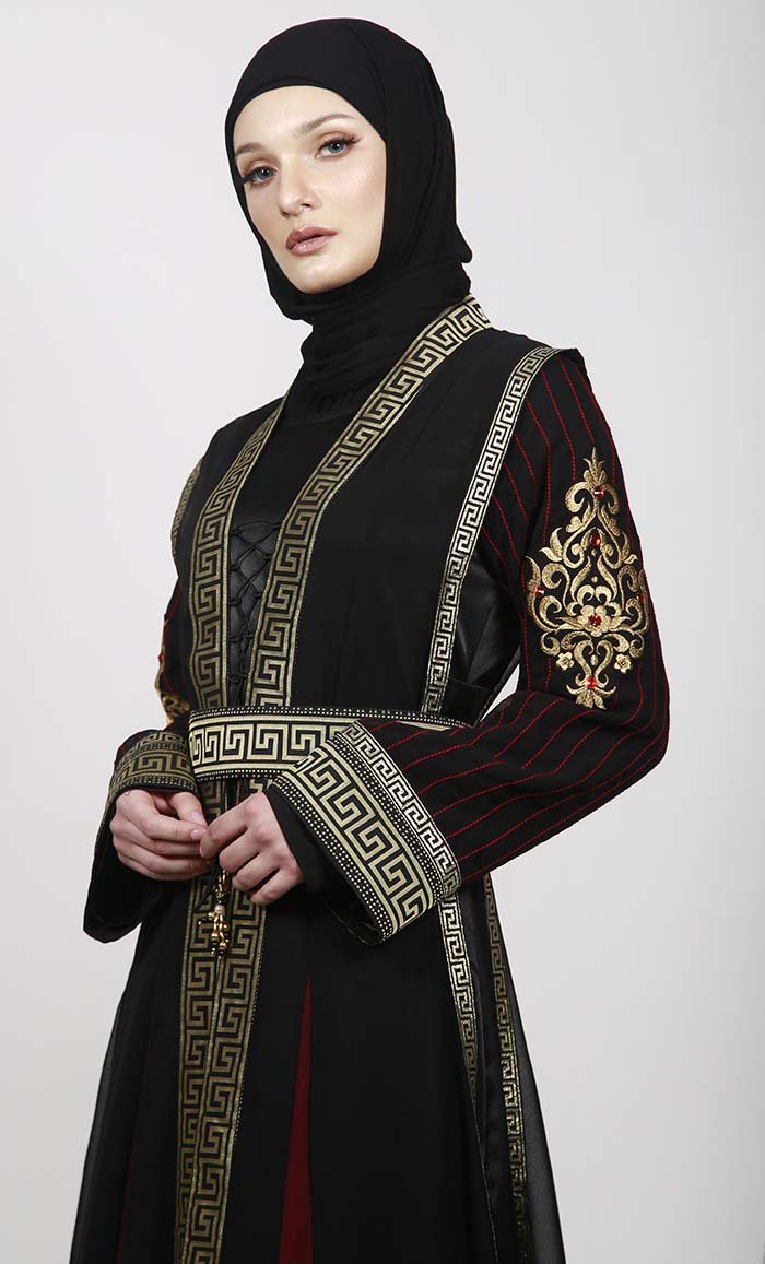 Golden Lace Black Multi Paneled Georgette Shrug Along Black Satin Inner - EastEssence.com