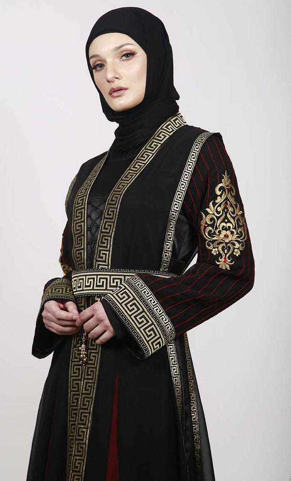 Golden Lace Black Multi Paneled Georgette Shrug Along Black Satin Inner - EastEssence.com