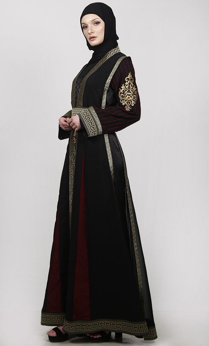 Golden Lace Black Multi Paneled Georgette Shrug Along Black Satin Inner - EastEssence.com
