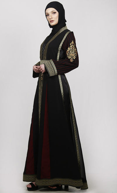 Golden Lace Black Multi Paneled Georgette Shrug Along Black Satin Inner - EastEssence.com