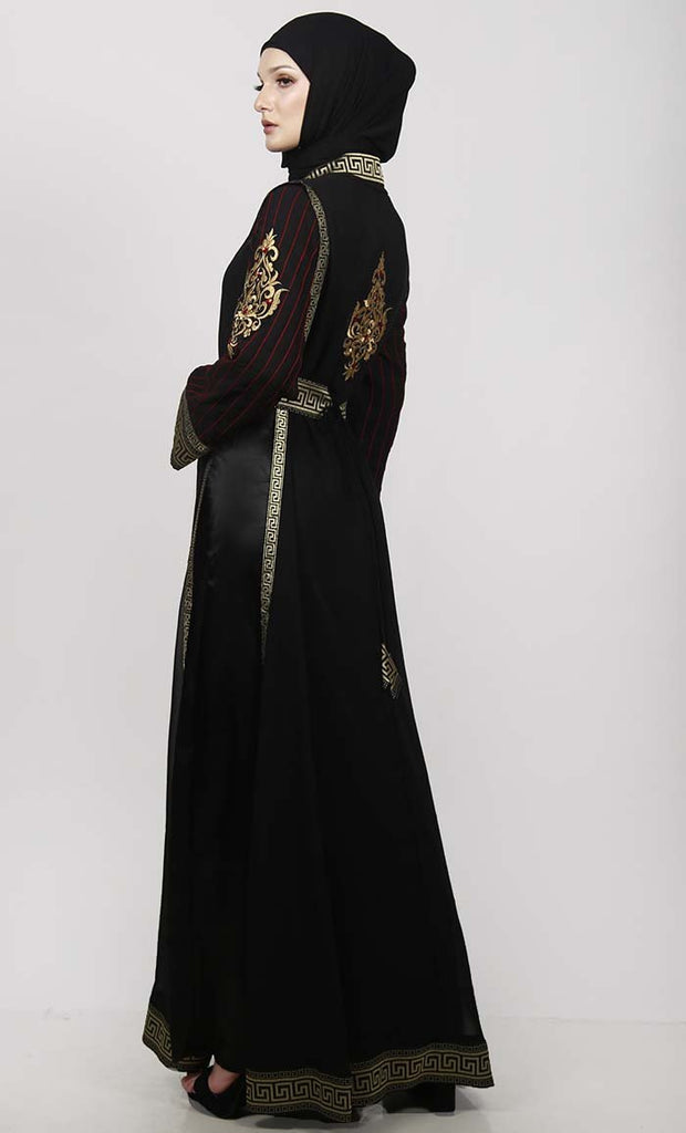Golden Lace Black Multi Paneled Georgette Shrug Along Black Satin Inner - EastEssence.com