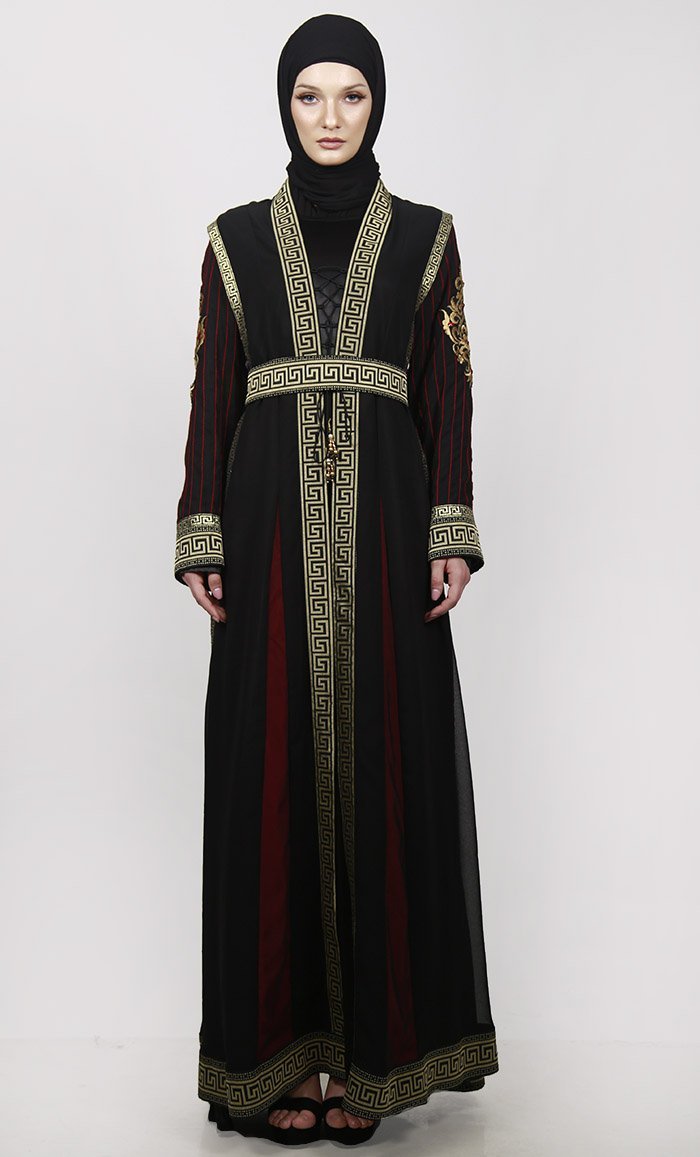 Golden Lace Black Multi Paneled Georgette Shrug Along Black Satin Inner - EastEssence.com