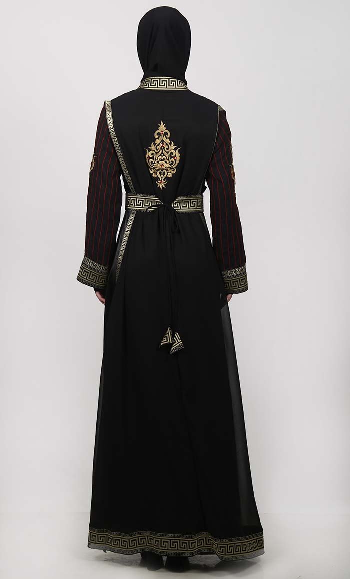 Golden Lace Black Multi Paneled Georgette Shrug Along Black Satin Inner - EastEssence.com