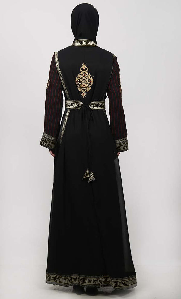 Golden Lace Black Multi Paneled Georgette Shrug Along Black Satin Inner - EastEssence.com