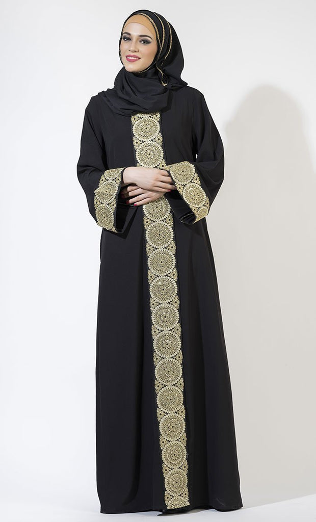Golden lace work panel abaya dress - EastEssence.com