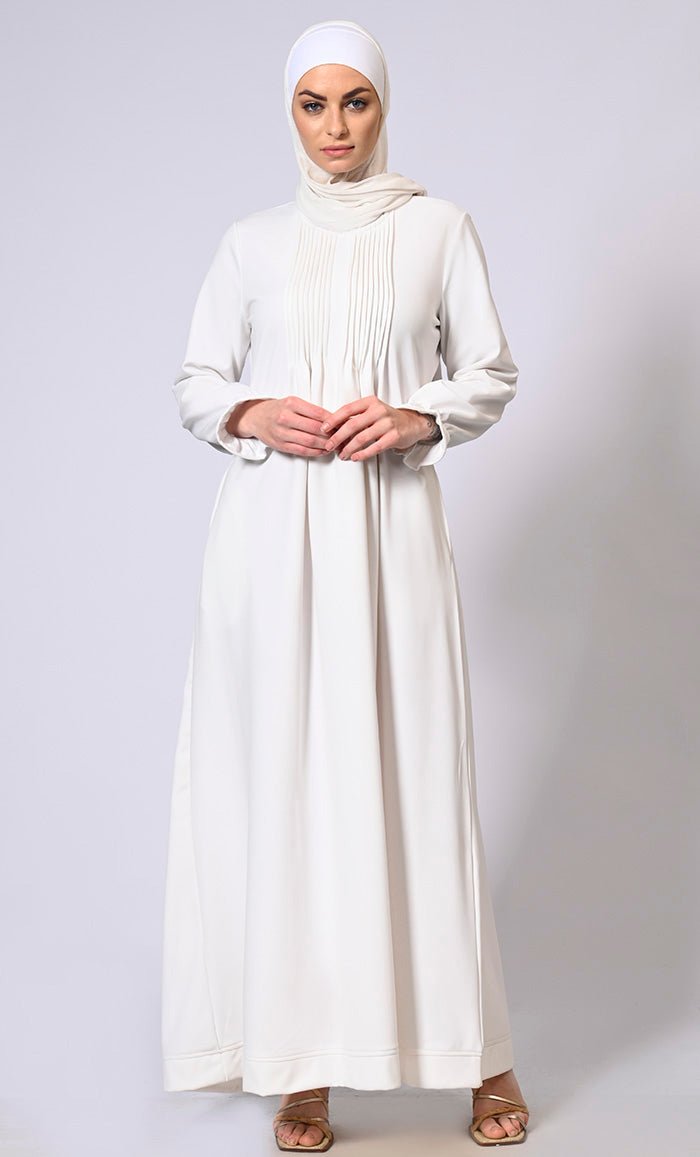 Graceful Gatherings: White Pleated Front Abaya with Elastic Sleeves - EastEssence.com