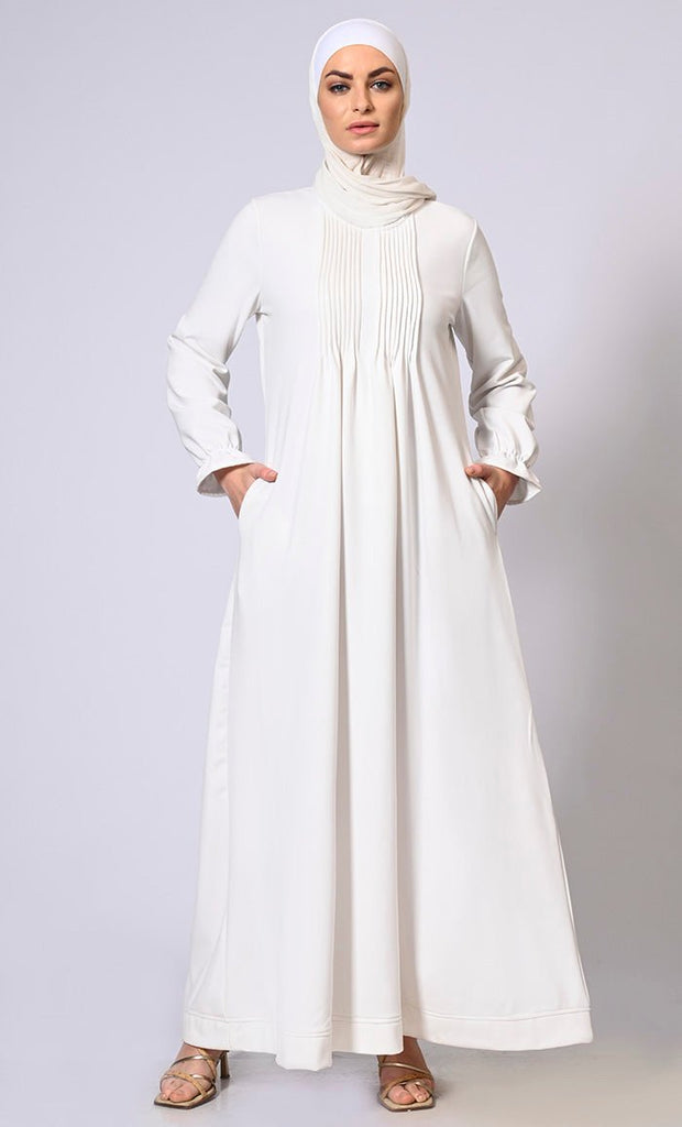 Graceful Gatherings: White Pleated Front Abaya with Elastic Sleeves - EastEssence.com