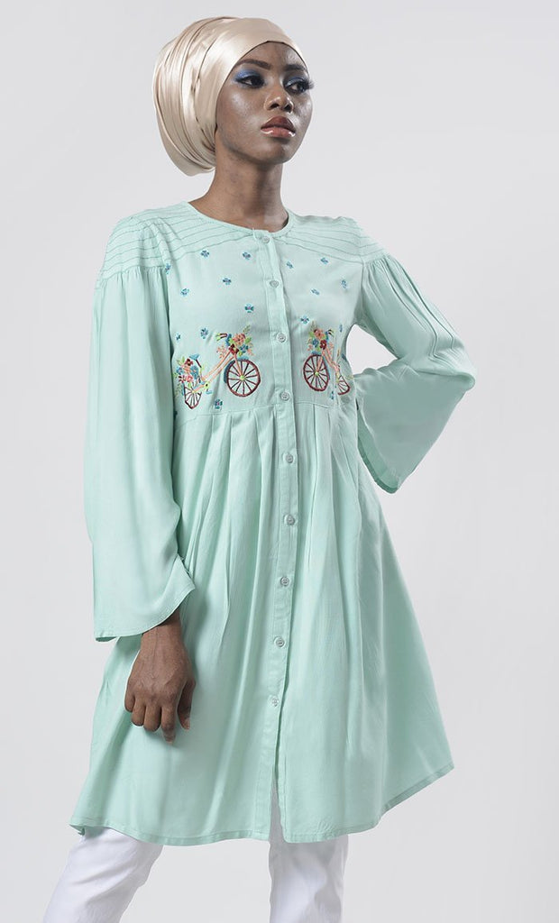 Graceful Green Ash Bicycle Embroidered Front Button Down Tunic - EastEssence.com