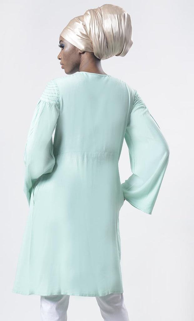 Graceful Green Ash Bicycle Embroidered Front Button Down Tunic - EastEssence.com