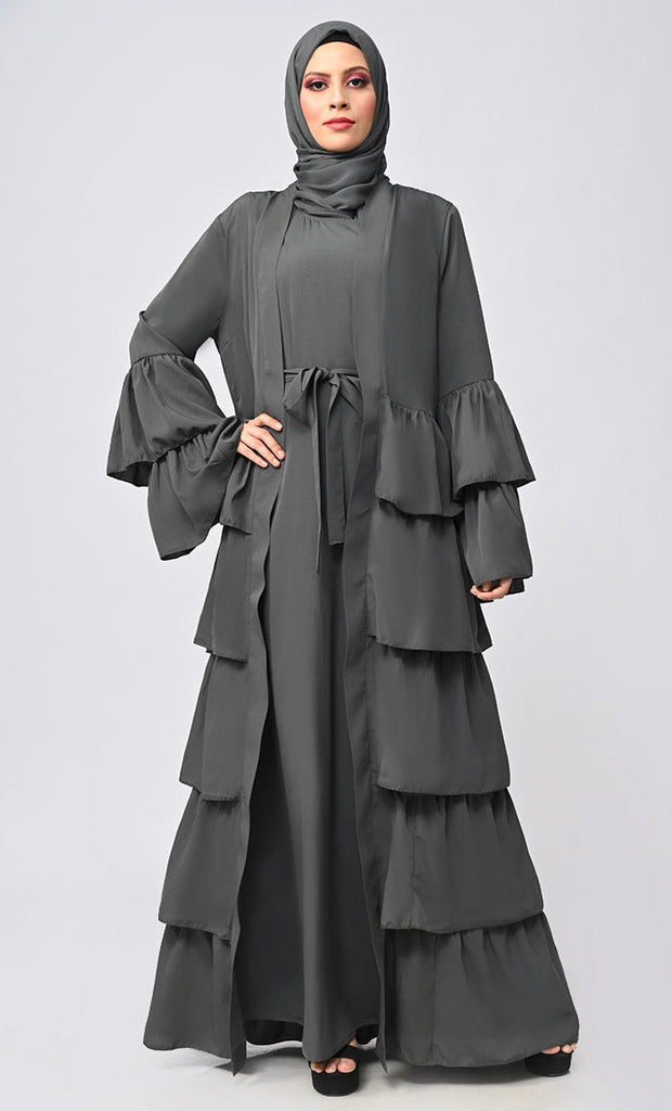 Graceful Layers: The Grey Tiered Abaya Dress With Inner Lining - EastEssence.com