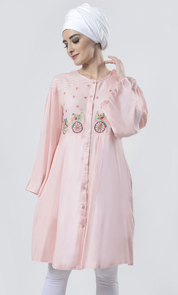 Graceful Light Pink Bicycle Embroidered Front Button Down Tunic - EastEssence.com