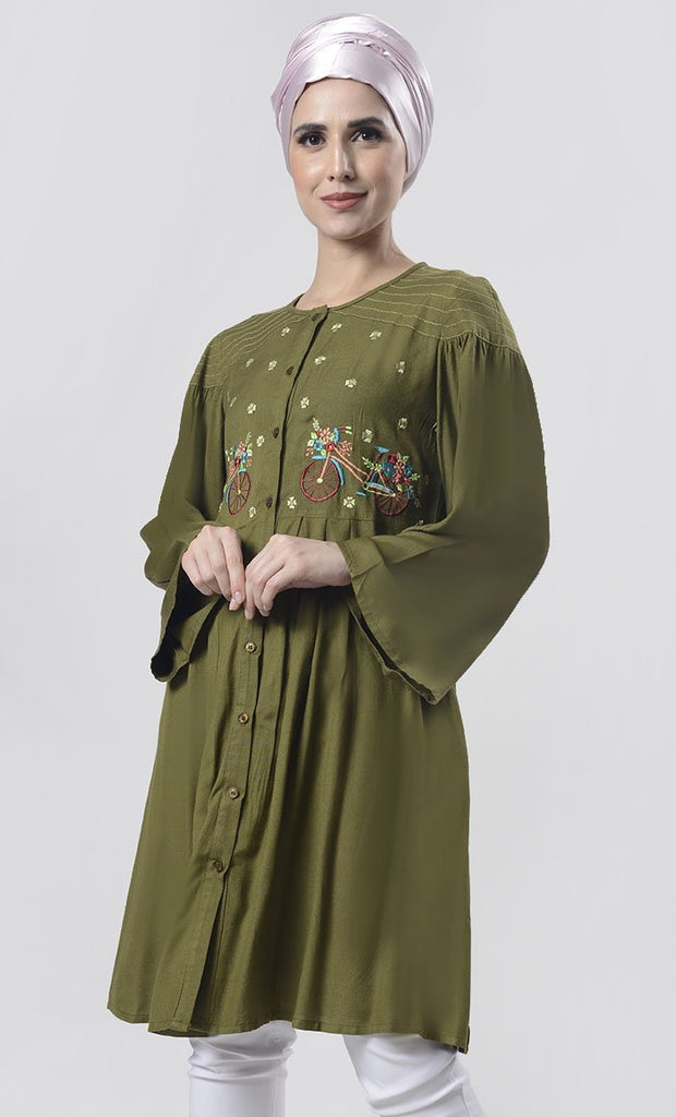 Graceful Olive Bicycle Embroidered Front Button Down Tunic - EastEssence.com