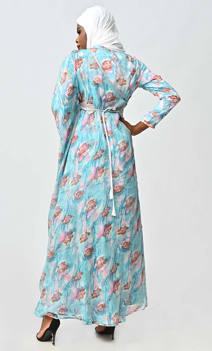 Graceful One Side Flared Printed Georgette Abaya With Embroidered Belt - EastEssence.com