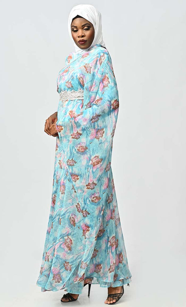 Graceful One Side Flared Printed Georgette Abaya With Embroidered Belt - EastEssence.com