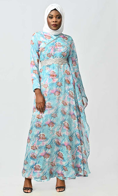 Graceful One Side Flared Printed Georgette Abaya With Embroidered Belt - EastEssence.com