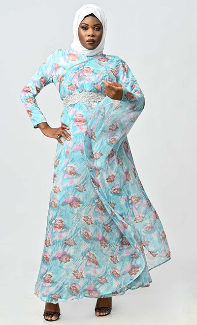 Graceful One Side Flared Printed Georgette Abaya With Embroidered Belt - EastEssence.com