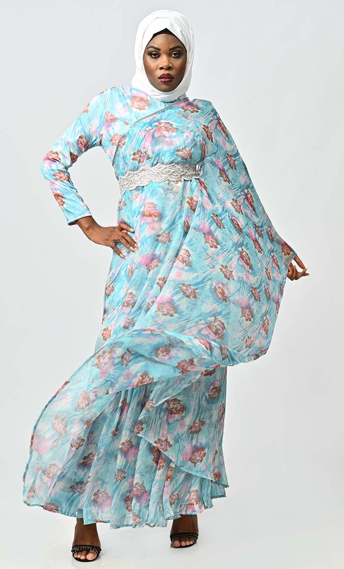 Graceful One Side Flared Printed Georgette Abaya With Embroidered Belt - EastEssence.com