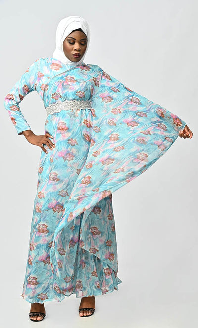 Graceful One Side Flared Printed Georgette Abaya With Embroidered Belt - EastEssence.com
