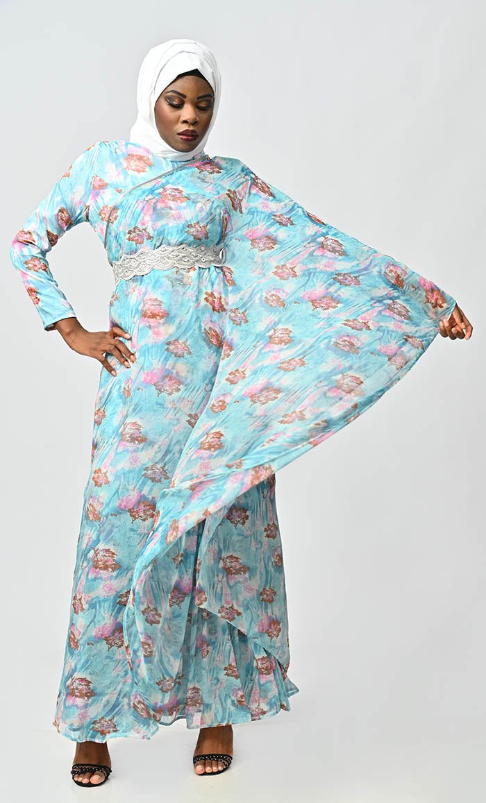 Graceful One Side Flared Printed Georgette Abaya With Embroidered Belt - EastEssence.com
