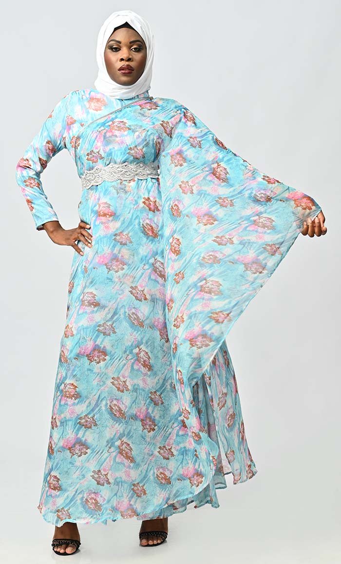 Graceful One Side Flared Printed Georgette Abaya With Embroidered Belt - EastEssence.com