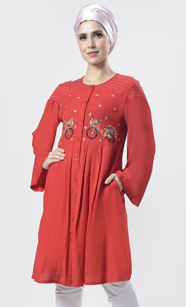 Graceful Red Bicycle Embroidered Front Button Down Tunic - EastEssence.com