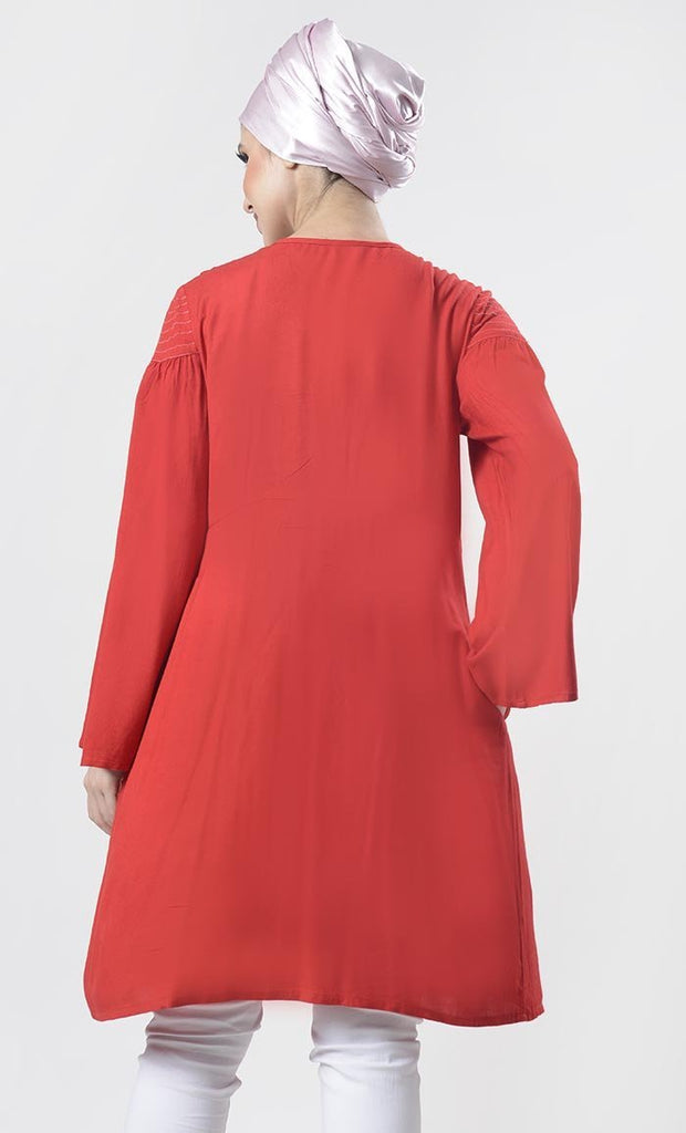 Graceful Red Bicycle Embroidered Front Button Down Tunic - EastEssence.com