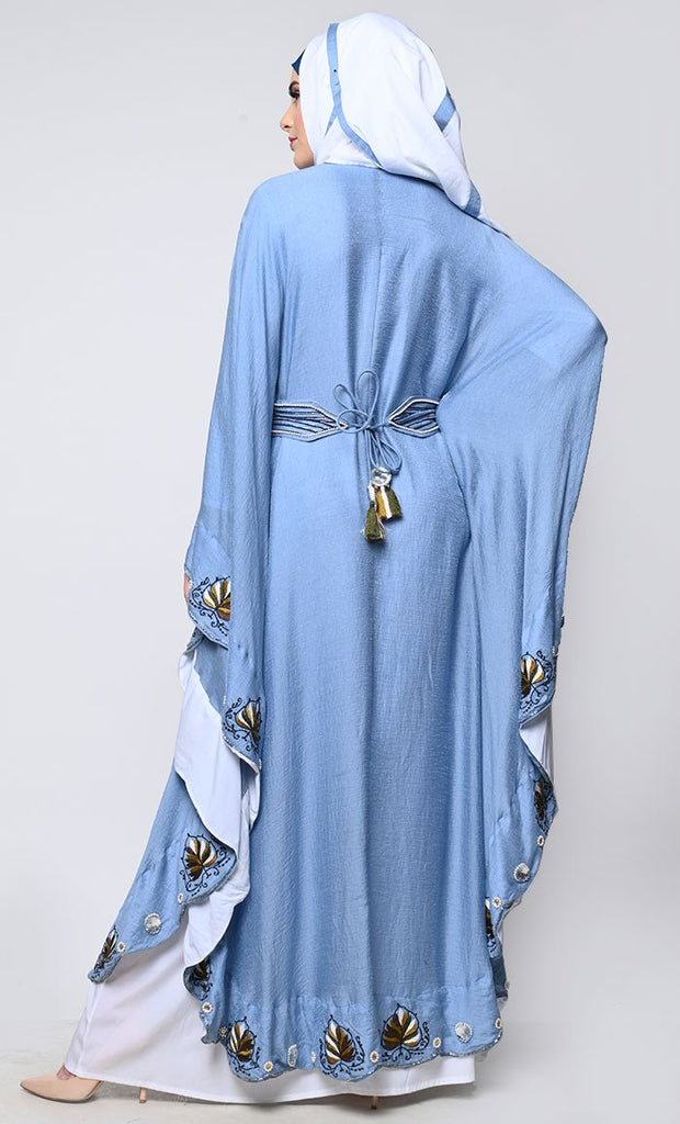 Graceful Serenity Blue Beautiful Embroidered Kaftan Style Abaya With Hijab And Belt - EastEssence.com