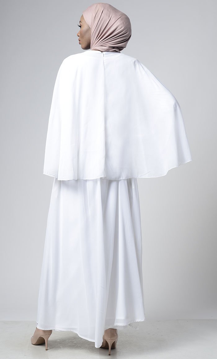 Graceful White Georgette With Upper Cape Everyday Abaya - EastEssence.com