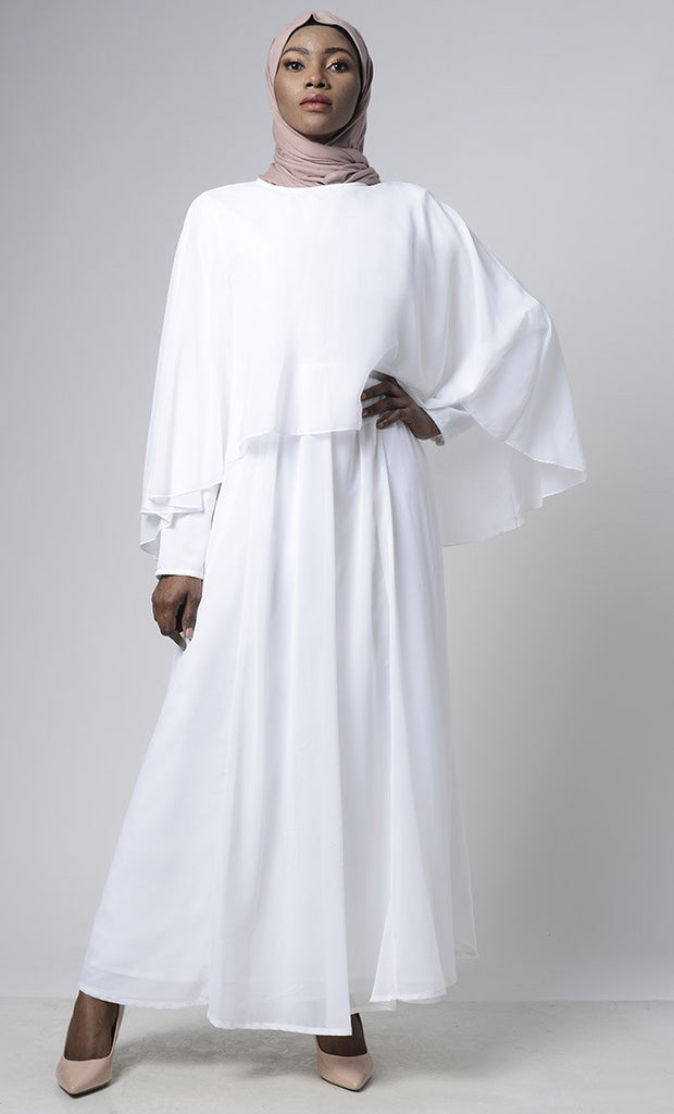 Graceful White Georgette With Upper Cape Everyday Abaya - EastEssence.com